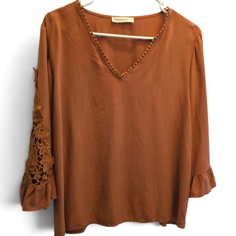 Rusttydustty Bohemian Crochet Sleeve V-Neck Blouse Women's L Rust Western Boho